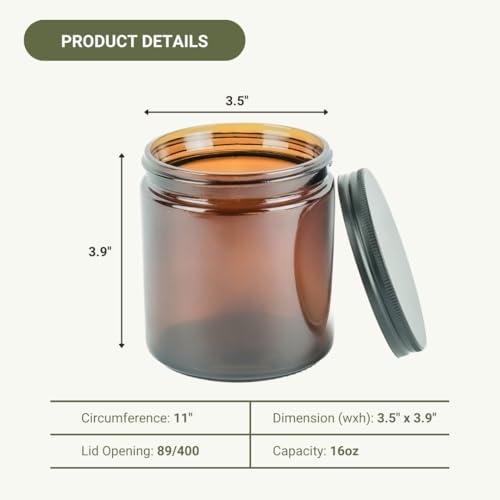16oz Amber Glass Jars with Black Lids - 12 Pack
