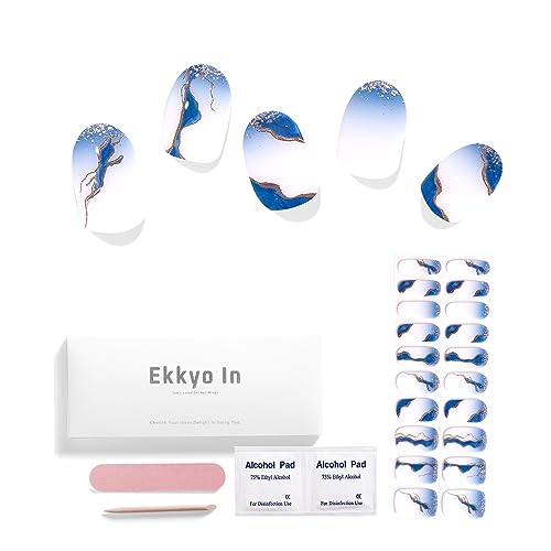 Ekkyo In Semi Cured Gel Nail Strips, Easy to Apply & Remove Gel Nail Wraps, Long Lasting, Get Salon-Quality Nail Art at Home, Includes 20 Pcs Nail Stickers, Prep Pads, Nail File, Wooden Stick, Blue Gold Ribbon