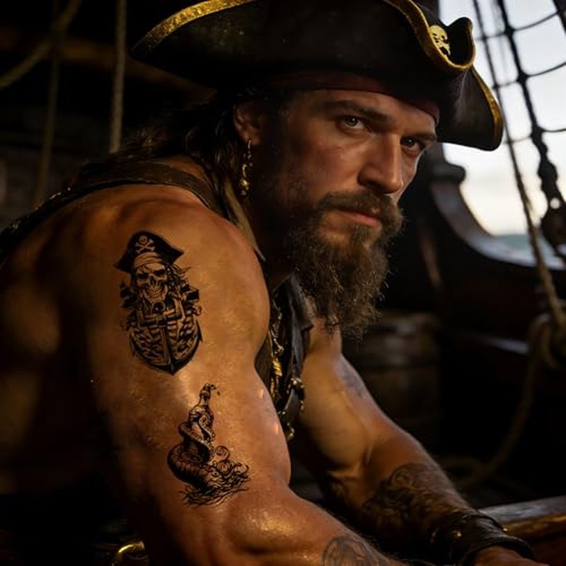Pirate Skull Temporary Tattoo for Women Men, Skeleton Anchor Fake Tattoos, Waterproof Realistic Black Viking Tribal Totem Tattoo for Adults Body Art Decor Stickers Q1021