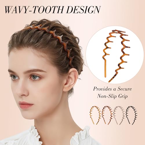 Needbrock 4-Pack Zig Zag Headbands with Non-Slip Teeth