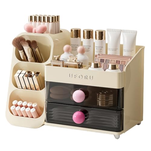 UFORU Makeup Organizer with 2 Drawers & Brush Holder