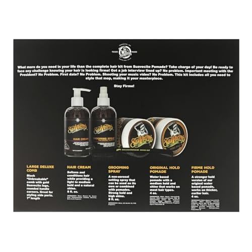 Suavecito Men's 5 PC Hair Kit - Original & Firme (Strong) Hold Medium Shine Pomade, Hair Cream and Grooming Spray, Large Deluxe Comb
