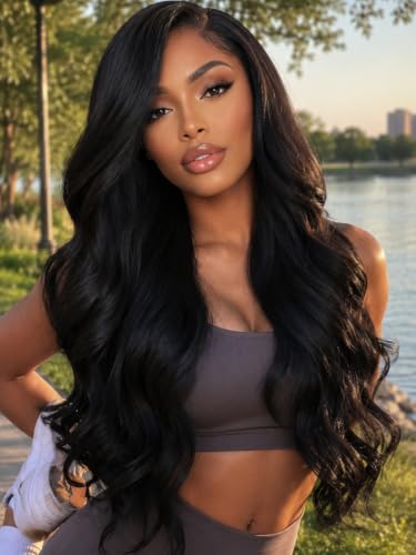 KLAIYI 16 Inch 13x4 Lace Front Wigs with Side Bangs Human Hair Loose Body Wave Glueless Pre-Styled