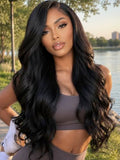KLAIYI 16 Inch 13x4 Lace Front Wigs with Side Bangs Human Hair Loose Body Wave Glueless Pre-Styled