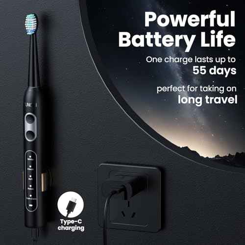 YUNCHI Sonic Electric Toothbrush for Adults and Kids, Black Electric Toothbrush,55 Days Last USB Rechargeable Toothbrush, 5 Modes, 4 Brush Heads, 2-Min Smart Timer, IPX7 Waterproof