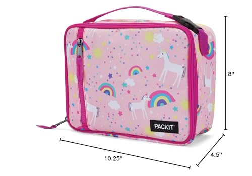 PackIt Freezable Classic Lunch Box, Unicorn Sky Pink, Built with EcoFreeze Technology, Collapsible, Reusable, Zip Closure With Zip Front Pocket and Buckle Handle, Perfect for School Lunches