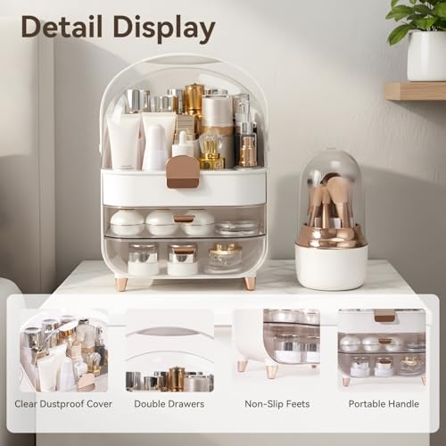 Large Capacity Makeup Organizer with Brush Holder & 2 Drawers - Rose Gold