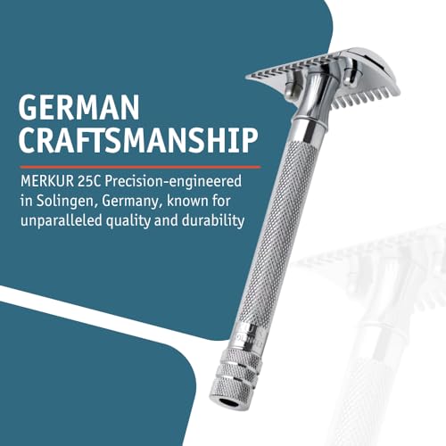 MERKUR 25C Double Edge Safety Razor in Bright Chrome with an Open Comb Design, Long Handle, Made in Germany, Plastic-Free, Three-Piece Design, and Straight Bar
