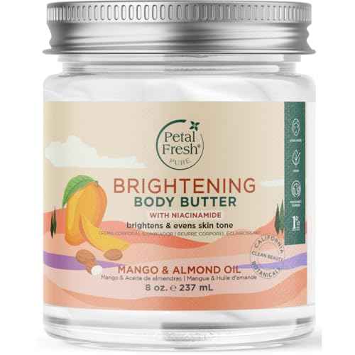 Petal Fresh Pure Brightening Mango & Almond Oil Body Butter with Niacinamide, Shea Butter, Promotes Collagen, For All Skin Types, Vegan and Cruelty Free, Non-Greasy, 8 oz ? MADE IN USA