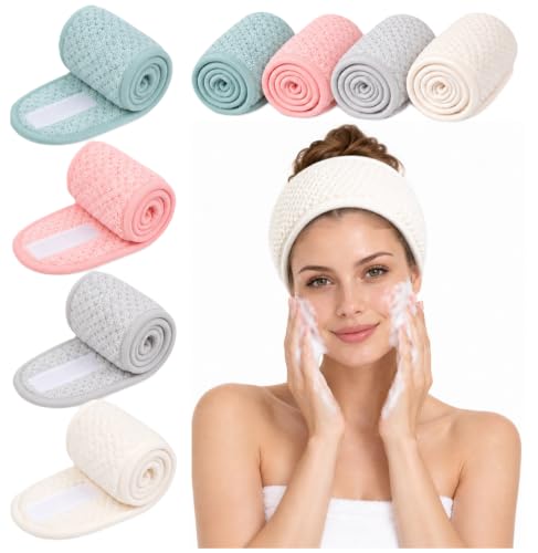 Huachi 4-Pack Adjustable Spa Headbands for Women, Soft Water-Absorbing Coral Fleece, Peach, Beige, Light Gray, Light Green