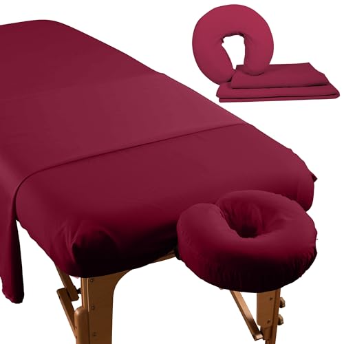 Premium Microfiber 3 Piece Massage Sheet Set by NRG - Includes Massage Table Flat Sheet, Fitted Sheet and Face Rest Cover - 100% Double Brushed Polyester, Soft as Silk - 120 GSM - Color: Merlot