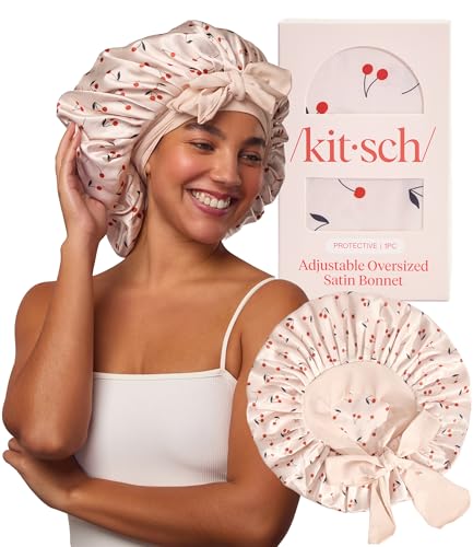 Kitsch XL Satin Hair Bonnet for Sleeping - Adjustable Cherry Print