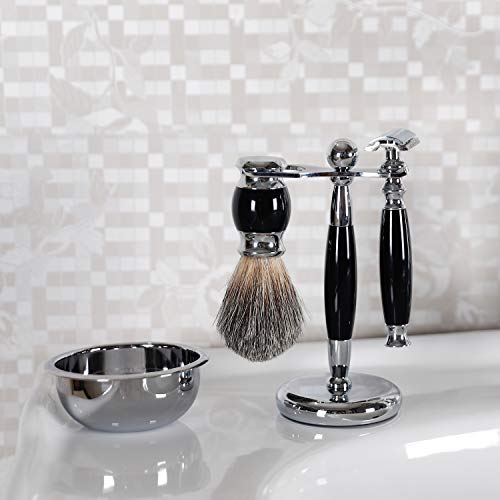 SANWA Deluxe Stainless Steel Shaving Brush Stand Holder for Razor & Brush Weighted Base Black Handle