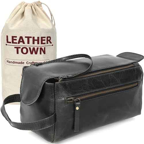 Leather Toiletry Bag for Men, Travel Duffels Essentials Shaving Dopp Kit, Mens Travel Bag Toiletries Organizer Case for Grooming, Made from 100% Real Leather (Black)