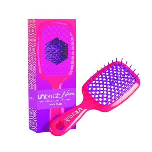 FHI Heat UNbrush Detangling Brush for Pain-Free Brushing on All Wet or Dry Hair Types — Durable DuoFlex Anti-Static Bristles, Lightweight Handle, Vented Hair Brush, Pink Burst