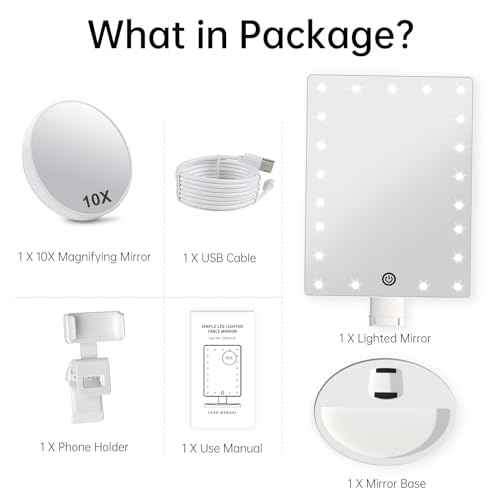 Lighted Makeup Vanity Mirror with Phone Holder and 10X Magnifying Mirror, 21 LED Lighted Mirror with Touch Sensor Dimming, 180¡ÆAdjustable Rotation, Dual Power Supply, Portable Cosmetic Mirror