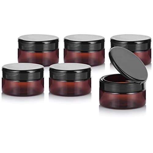 (6 Pack) 8 oz Amber Plastic Low Profile Jar with Wide Mouth Black Flip Top