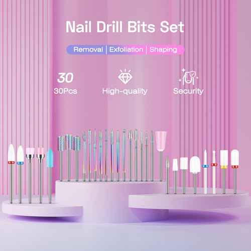 30PCS Nail Drill Bits Set with Holder Case, 3/32 Inch Tungsten Carbide Ceramic Diamond Efile Cuticle Nail Bits Tool, Safety Bits for Acrylic Gel Removal Polish Nail Tech Manicure Pedicure, Home Salon