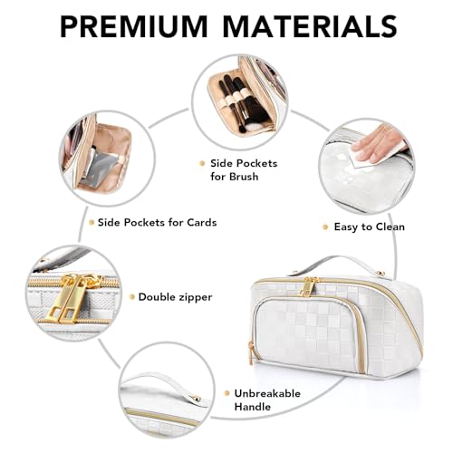 stona Travel Makeup Bag for Women, Large Capacity PU Leather Waterproof Checkered Cosmetic Bags, Portable Pouch Open Flat Toiletry Bag, Make up Organizer with Divider and Handle, White