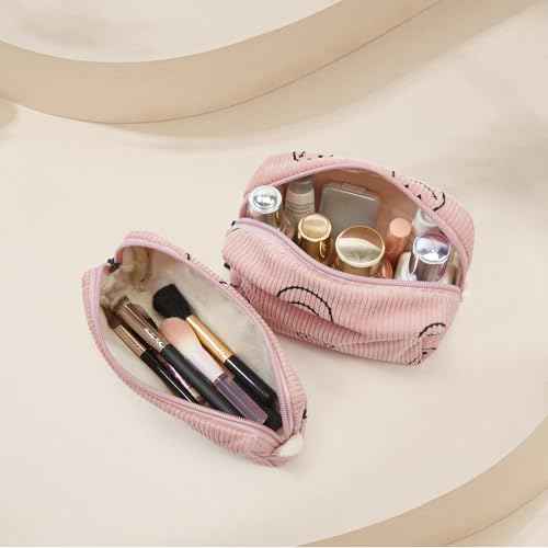 Makeup bag set small Cosmetic bag for women purse Corduroy Organizer with interior Pockets,cute Pencil zipper Pouch travel Toiletry Bag with handle(Smile face Pink)