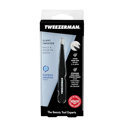 Tweezerman Stainless Steel Slant Tweezer - Eyebrow Tweezers for Women and Men (Black)