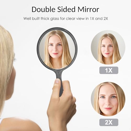 D Handheld Double Sided Makeup Mirror with Handle - Black, 8.2x4.5 inches, 1X & 2X Magnification, Travel Portable