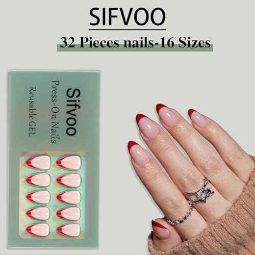 French Tip Press on Nails, Short Press on Nails Almond Reusable Glossy Red Nails Soft Gel False Nails Press ons for Women, 16 Sizes 32 Count Nails Kit with Glue (SV-12)