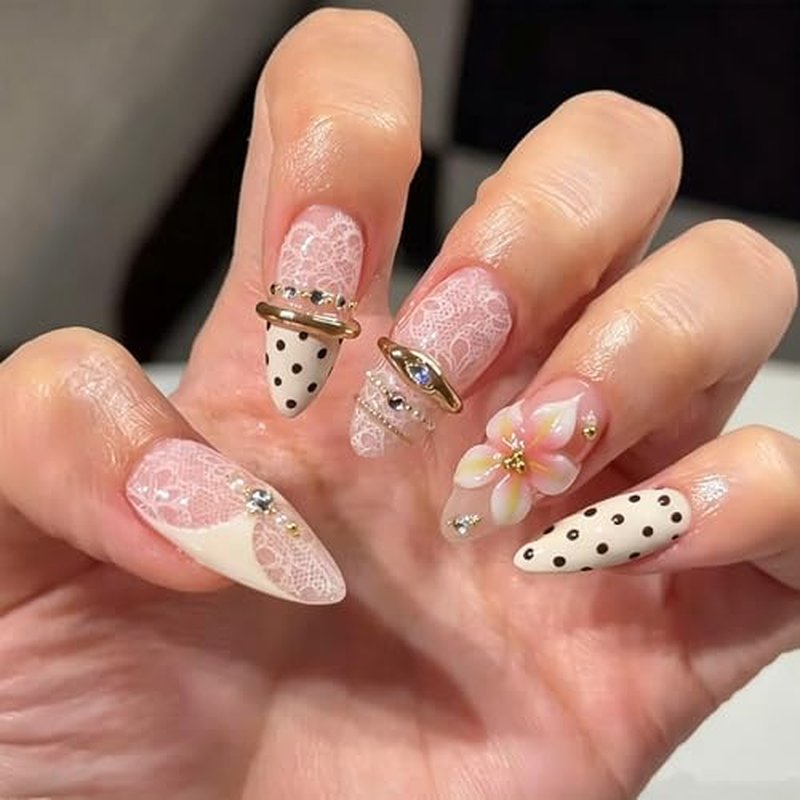 Medium Almond Press On Nails 24pc 3D Flower Fake Nails Kit