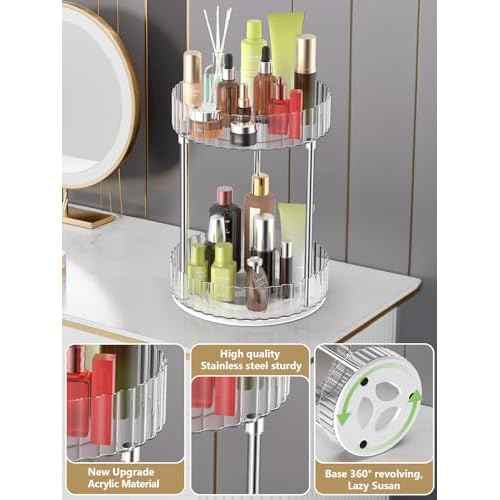 Makeup Organizer,360¡Æ Rotating Makeup Organizer, 2-Tier Round Rotating Skincare Organizer Countertop,Fits Bedroom, Bathroom, Vanity Shelf Countertop(Clear)
