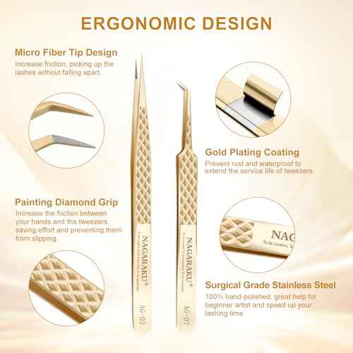 NAGARAKU 1 Pair Precision Fiber Tip Tweezer for Eyelash Extensions Professional Eyelash Tweezers Antistatic Straight & Curved Tip Tweezers with Box(Isolation & Volume Lash Tweezers AG-03 & AG-07)