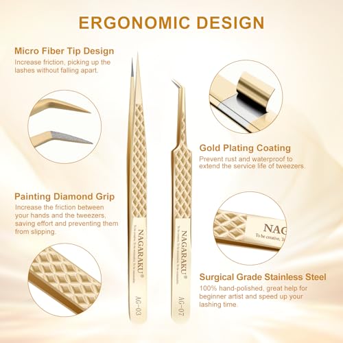NAGARAKU 1 Pair Precision Fiber Tip Tweezer for Eyelash Extensions Professional Eyelash Tweezers Antistatic Straight & Curved Tip Tweezers with Box(Isolation & Volume Lash Tweezers AG-03 & AG-07)
