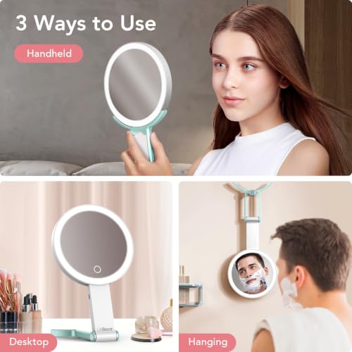 LitBear Rechargeable Double-Sided Travel Makeup Mirror with Lights, 10X/1X Magnification, Dimmable Touch Screen, Portable Beauty Mirror, Green