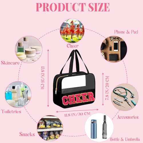 JOJOPOLLO Black Cheer Makeup Bag - Pink Chenille 'CHEER' with Gold Trim, Zipper & Handle, Team Gift