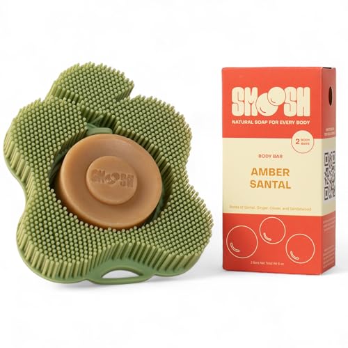Smoosh¢ç Body Scrubber, Sage & 2-Count Bar Soap, Amber Santal - Silicone Body Scrubber with Embedded Bar Soap for Shower Exfoliation and Cleansing