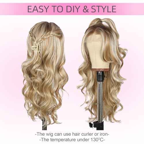 SAPPHIREWIGS 13x4 Blonde Lace Front Wig for Women Body Wave Highlight Honey Blonde Synthetic Pre Layered Wigs Heat Resistant Fiber Gluesless Wig for Daily Party Use 20 inch