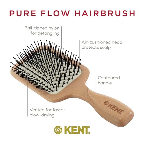 Kent LPF2 Large Cushion Paddle Hair Brush, Vented Taming Fine Pins Detangle Brush for Long Thick and Curly Hair, Scalp Massager and Growth Stimulator Wet or Dry Hair Detangling. Made in England