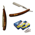 Stainless Steel Professional Barber Folding Straight Edge Razor Shavette Men's Shaving Kit with 200 Count Lord Single Edge Razor Blades (Brown)
