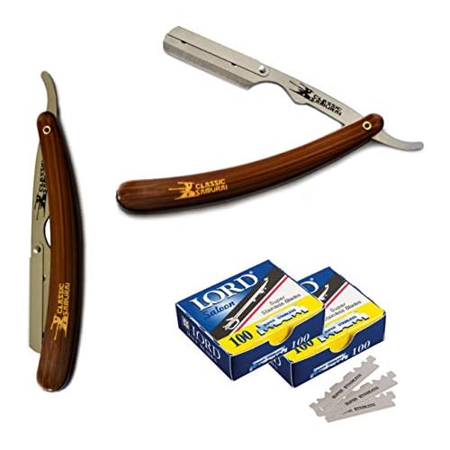 Stainless Steel Professional Barber Folding Straight Edge Razor Shavette Men's Shaving Kit with 200 Count Lord Single Edge Razor Blades (Brown)