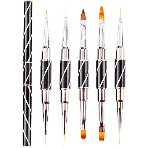 JERCLITY 5pcs Twill Black Double-Ended Nail Art Brushes Set Nail Liner Brush Nail Lace Brush Round Flat Gel Builder Brush Nail Carving Pen 3D Painting Brush Nail Design Tools for Acrylic Nails