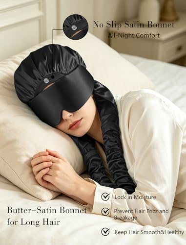 Satin Sleep Bonnet with Eye Mask and Curling Ribbons for Long Hair