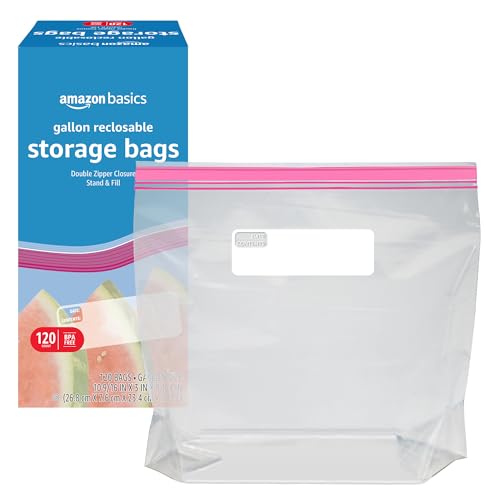 Amazon Basics Gallon Food Storage Bags 120 Count with Double Zipper Seal, Stand & Fill Base