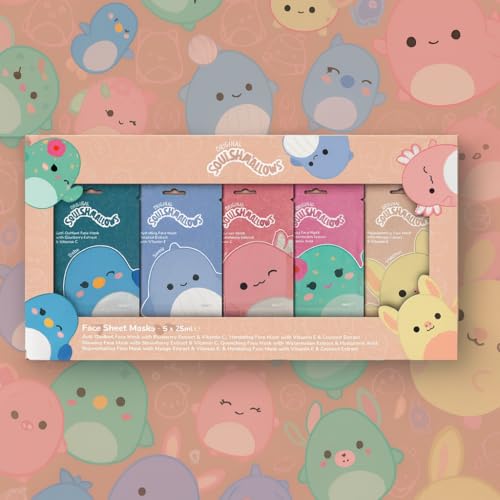 Original Squishmallows Face Sheet Masks, 5 Pack, 25ml Each, Anti-Oxidant, Hydrating, Glowing, Quenching, Rejuvenating