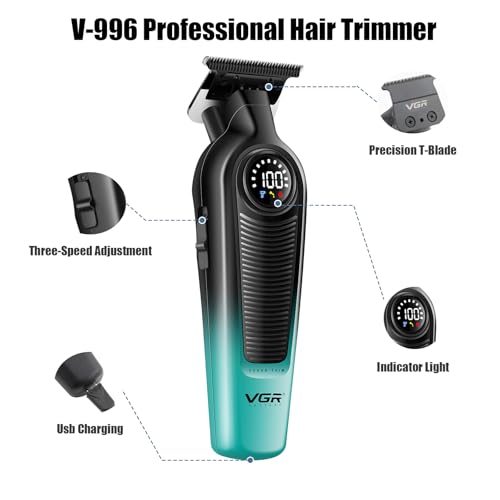 VGR Hair Trimmer for Men, Cordless Hair Clippers with 7000RPM Motor, Ceramic Titanium Blade Beard Trimmer, LED Display, USB Rechargeable Grooming Tool for Beard Hairline Detail, V-996(Green)