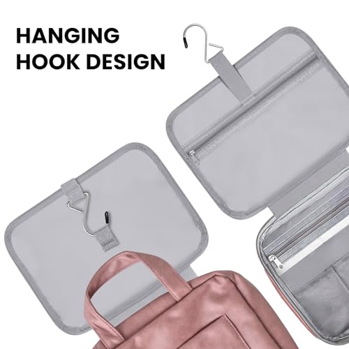 JOMOLA Travel Toiletry Bag Hanging Makeup Bag with Hook Bathroom Cosmetic Toiletry Kit for Hanging Travel Toiletries Essentials Organizer, Light Red Faux Leather