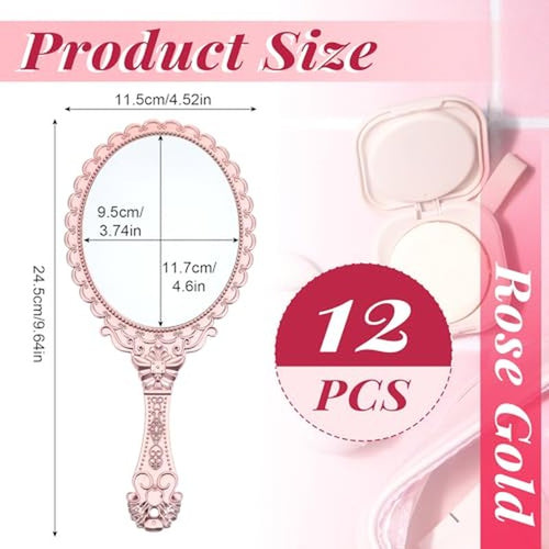 12 Pcs Vintage Handheld Mirror 9.6" L x 4.5" W Portable Pink Embossed Flower Mirrors Princess Mirror Party Favors Retro Hand Held Decorative Mirrors Bulk for Makeup, Travel, Party, Classroom