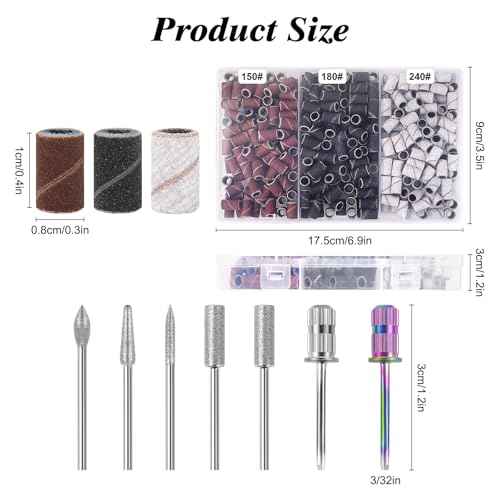 Sanding Bands for Nail Drill 300Pcs, w/ 7Pcs Nail Drill Bits, 150#180#240#Grit Nail Sanding Bands for Manicures Pedicures, Electric Nail File Bits