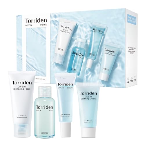 Torriden DIVE-IN Trial Kit, Hyaluronic Acid Infused Daily Skincare Kit - 4 Step Regimen with Foam Cleanser, Facial Toner, Serum, and Cream | Vegan, Hypoallergenic Korean Skin Care