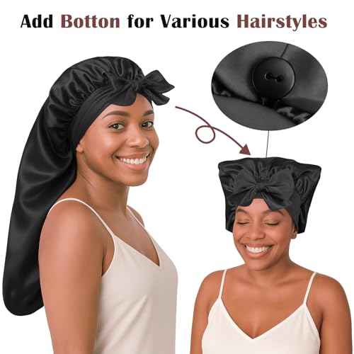Long Hair Bonnet for Women, XL Silky Satin Sleeping Cap with Tie Band for Braids Curly Hair, Includes 10PCS Scrunchies