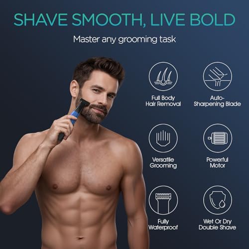VOYOR Beard Trimmer for Men, Electric Razor, No Pain, Full Body Grooming, Face & Body Hair Trimmer, Adjustable Length Combs, All-in-1 Rechargeable Mens Grooming Kit, Cordless, Wet/Dry, TX510 (Blue)