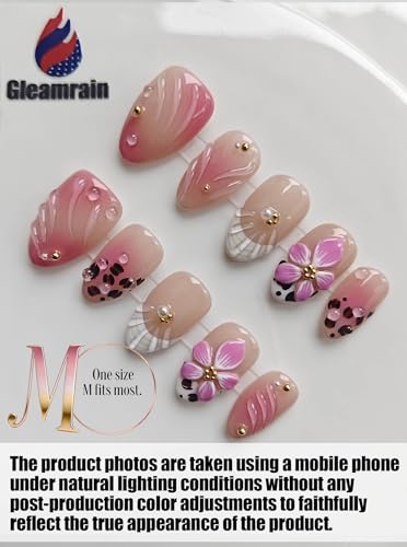 Gleamrain Short Almond Press-On Nails - Reusable Floral Fake Nails for Women